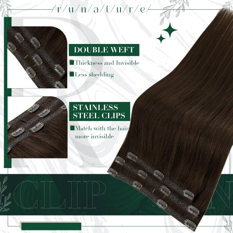 RUNATURE Brown Clip in Hair Extensions, Real Human Hair Clip in Extensions, Short Hair Extensions Clip Ins 10 Inch, Double Weft Remy Natural Hair, Tangle Free, 50g 3pcs #2 Dark Brown - Image 2